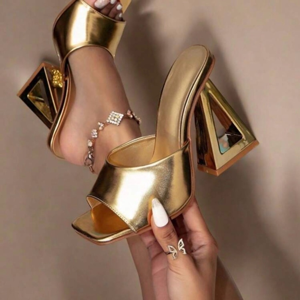 SHEIN Gold Geometric Heel Mules